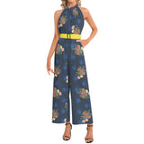 Dahlia Print Halter Neck Buckle Belted Jumpsuit - Objet D'Art