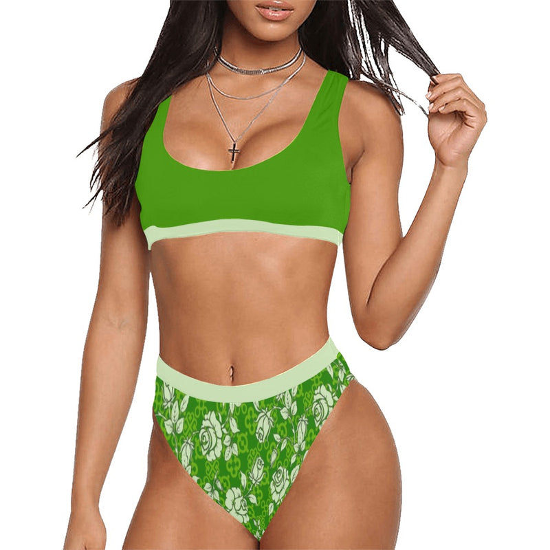 rose adinkra green print Sport Top & High-Waisted Bikini Swimsuit (Model S07) - Objet D'Art