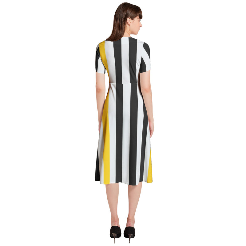 Swallowtail Stripes Puff Sleeve Button Through Dress - Objet D'Art