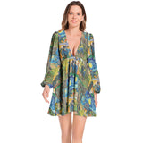 Van Gogh Collage Lantern Sleeve Deep V-Neck Short Dress - Objet D'Art