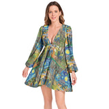 Van Gogh Collage Lantern Sleeve Deep V-Neck Short Dress - Objet D'Art