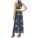Dahlia Print Halter Neck Buckle Belted Jumpsuit - Objet D'Art