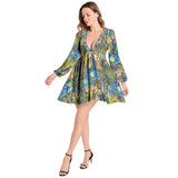 Van Gogh Collage Lantern Sleeve Deep V-Neck Short Dress - Objet D'Art