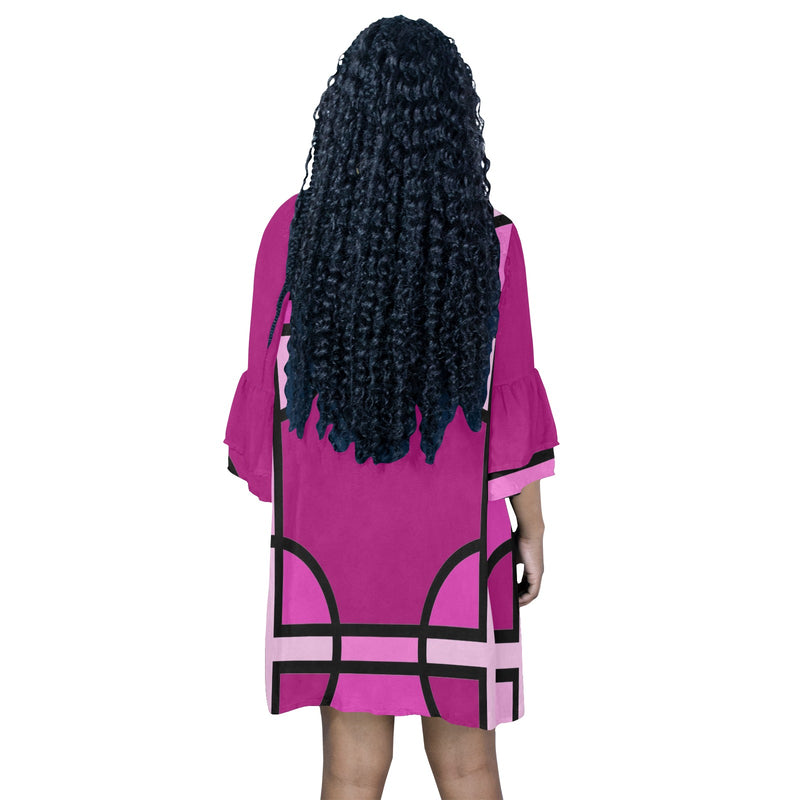 fuchsia geometry print 2 Half Sleeves V-Neck Mini Dress (Model D63) - Objet D'Art