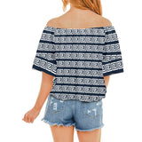 white on blue greek key print Off Shoulder Knot Front Blouse (Model T71) - Objet D'Art