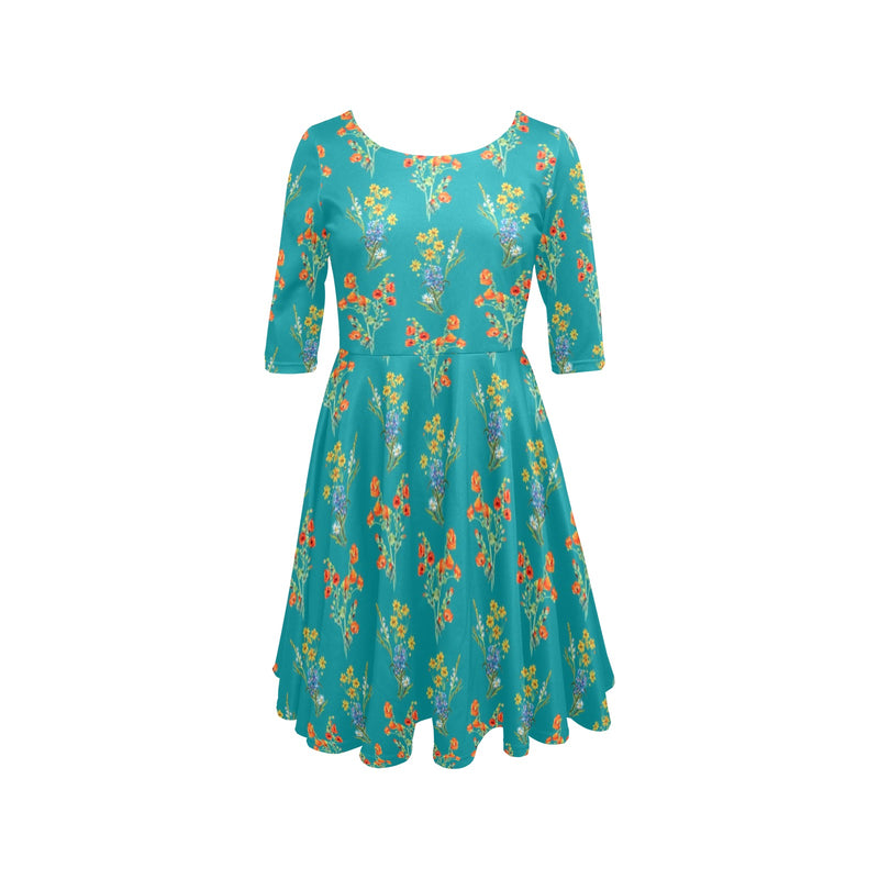 wildflower teal print Half Sleeve Skater Dress - Objet D'Art