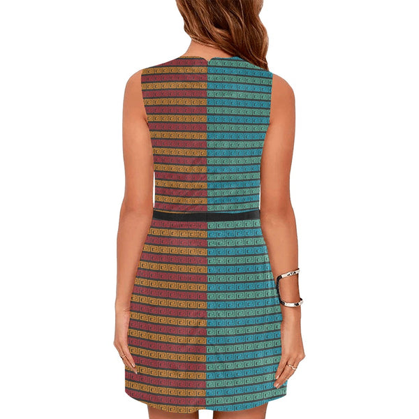 warm cool greek key print Eos Women's Sleeveless Dress (Model D01) - Objet D'Art