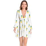Pineapple Lantern Sleeve Deep V-Neck Short Dress - Objet D'Art