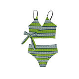 neon green greek print 3 Knot Side Bikini Swimsuit (Model S37) - Objet D'Art