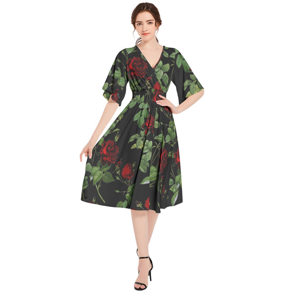 Rose Print Butterfly Sleeve Shirred High Waist A Line Midi Dress - Objet D'Art