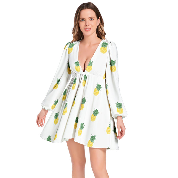 Pineapple Lantern Sleeve Deep V-Neck Short Dress - Objet D'Art