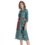 Floral Seascape Boat Neck Belted Flared Dress - Objet D'Art