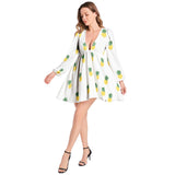 Pineapple Lantern Sleeve Deep V-Neck Short Dress - Objet D'Art