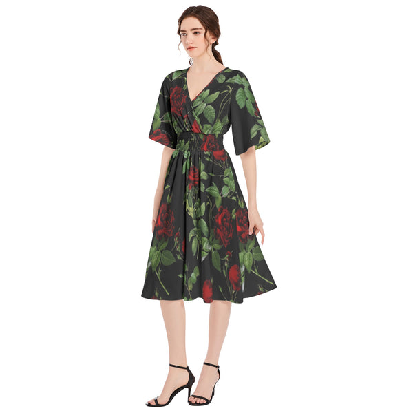 Rose Print Butterfly Sleeve Shirred High Waist A Line Midi Dress - Objet D'Art