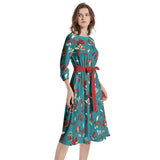 Floral Seascape Boat Neck Belted Flared Dress - Objet D'Art