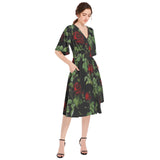 Rose Print Butterfly Sleeve Shirred High Waist A Line Midi Dress - Objet D'Art