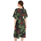 Rose Print Butterfly Sleeve Shirred High Waist A Line Midi Dress - Objet D'Art