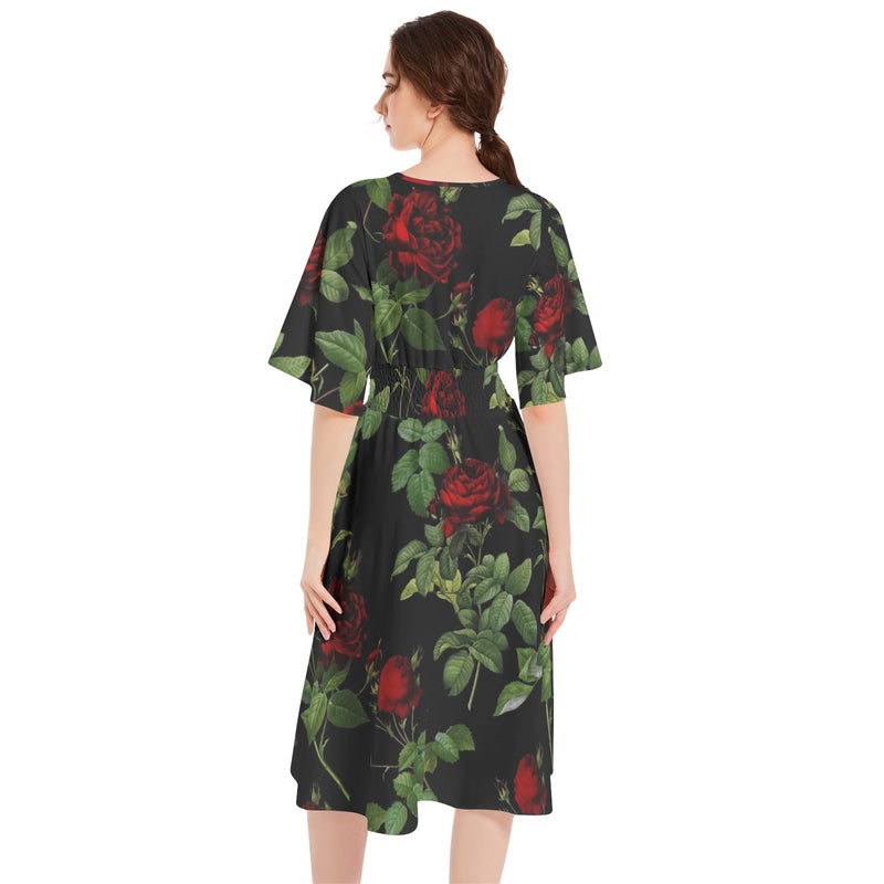 Rose Print Butterfly Sleeve Shirred High Waist A Line Midi Dress - Objet D'Art
