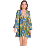 Van Gogh Collage Lantern Sleeve Deep V-Neck Short Dress - Objet D'Art