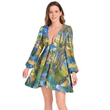 Van Gogh Collage Lantern Sleeve Deep V-Neck Short Dress - Objet D'Art