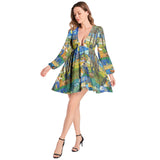 Van Gogh Collage Lantern Sleeve Deep V-Neck Short Dress - Objet D'Art