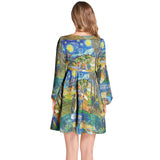 Van Gogh Collage Lantern Sleeve Deep V-Neck Short Dress - Objet D'Art