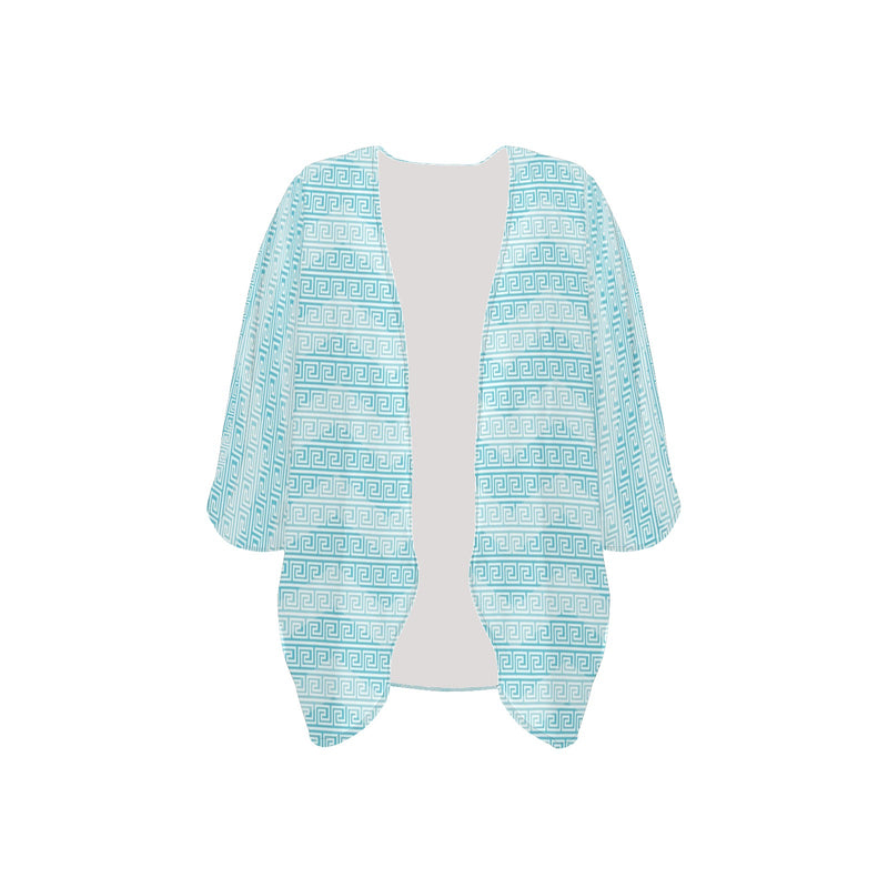 greek key chevron light blue print 2 Women's Kimono Chiffon Cover Up (Model H51) - Objet D'Art