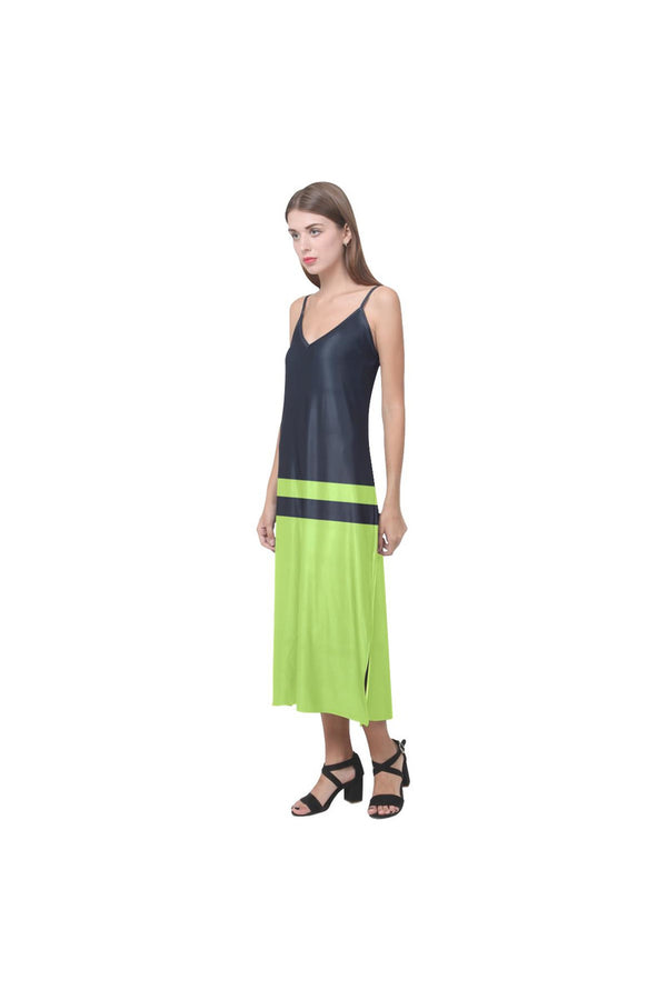 Lime Green & Blue  V-Neck Open Fork Long Dress - Objet D'Art