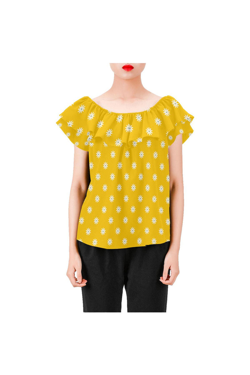 Gold Daisies Women's Off Shoulder Blouse with Ruffle - Objet D'Art Online Retail Store