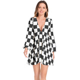 Piebald Pixels Lantern Sleeve Deep V-Neck Short Dress - Objet D'Art