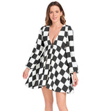 Piebald Pixels Lantern Sleeve Deep V-Neck Short Dress - Objet D'Art