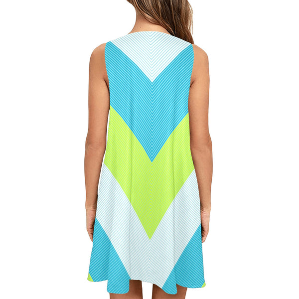 v striped neon green blue white print 5 Sleeveless A-Line Pocket Dress (Model D57) - Objet D'Art