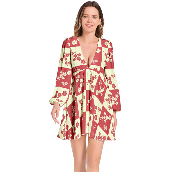 Floral Silhouette Lantern Sleeve Deep V-Neck Short Dress - Objet D'Art