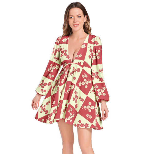 Floral Silhouette Lantern Sleeve Deep V-Neck Short Dress - Objet D'Art