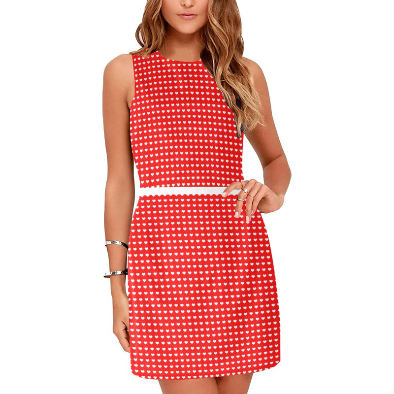 white heart red background print 2 Eos Women's Sleeveless Dress (Model D01) - Objet D'Art