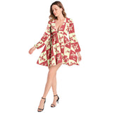 Floral Silhouette Lantern Sleeve Deep V-Neck Short Dress - Objet D'Art