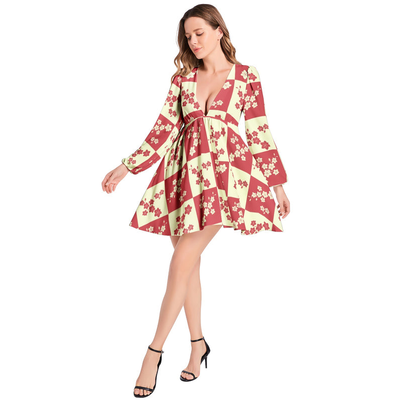 Floral Silhouette Lantern Sleeve Deep V-Neck Short Dress - Objet D'Art
