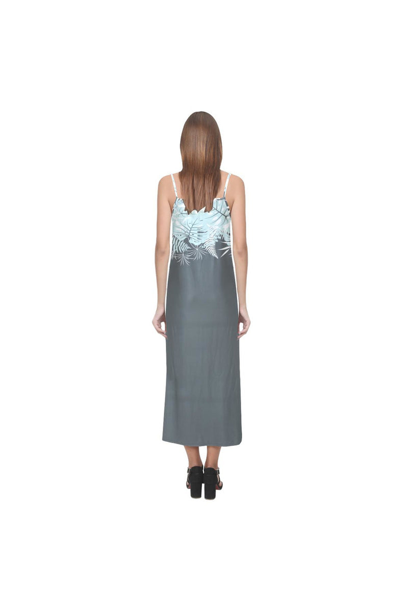 white gray floral V-Neck Open Fork Long Dress(Model D18) - Objet D'Art