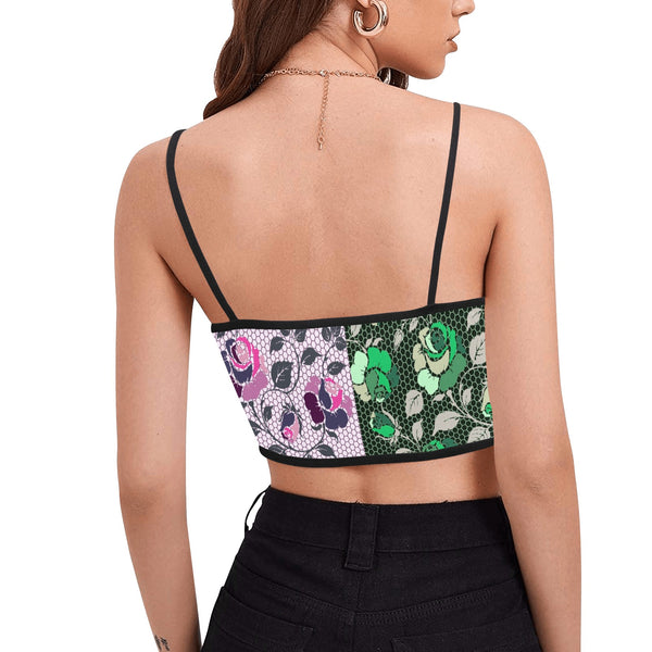 pink green rose print 4 Women's Spaghetti Strap Crop Top (Model T67) - Objet D'Art