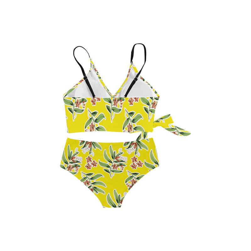floral white stroke 9k Knot Side Bikini Swimsuit (Model S37) - Objet D'Art