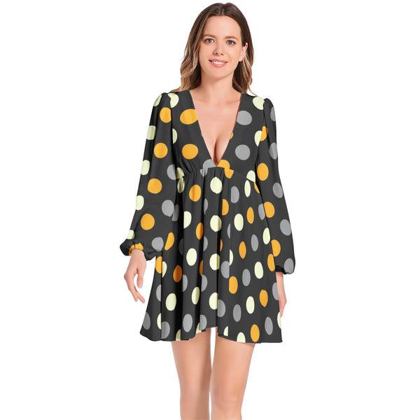 Polka Dots Lantern Sleeve Deep V-Neck Short Dress - Objet D'Art