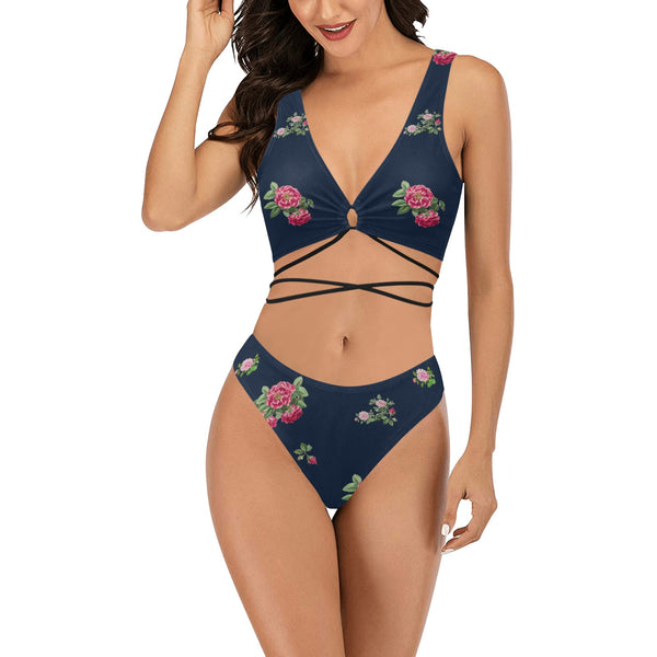 floral blue rose print 5 Cross String Bikini Set (Model S29) - Objet D'Art