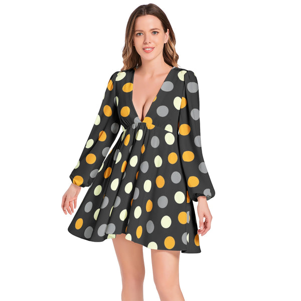 Polka Dots Lantern Sleeve Deep V-Neck Short Dress - Objet D'Art