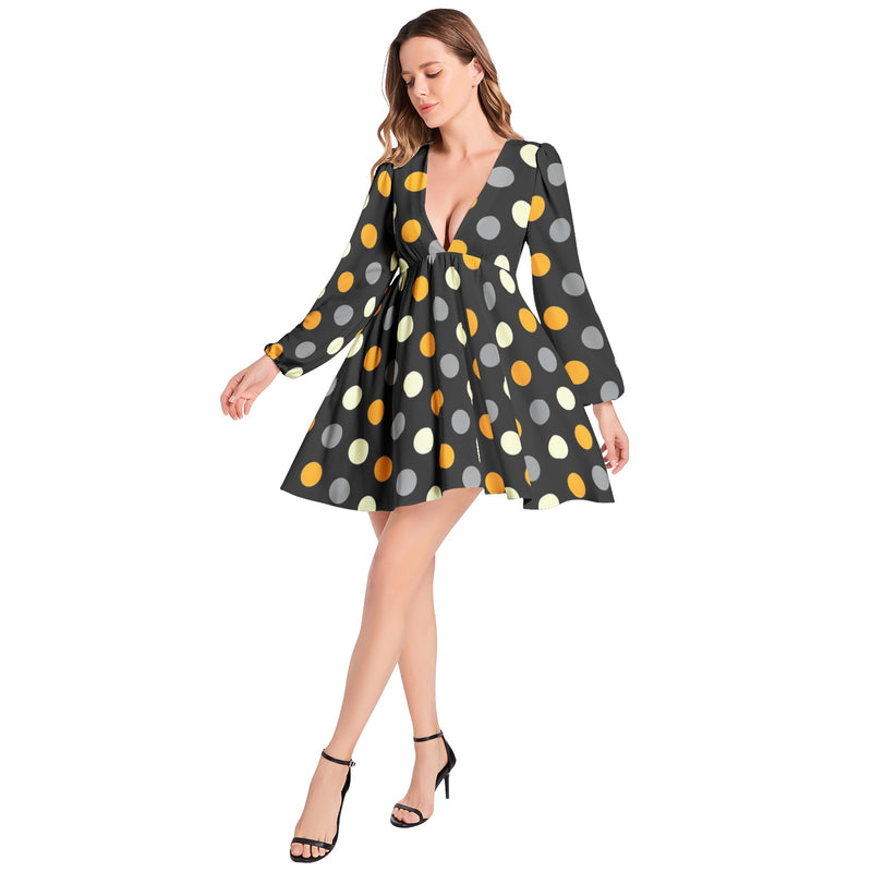 Polka Dots Lantern Sleeve Deep V-Neck Short Dress - Objet D'Art