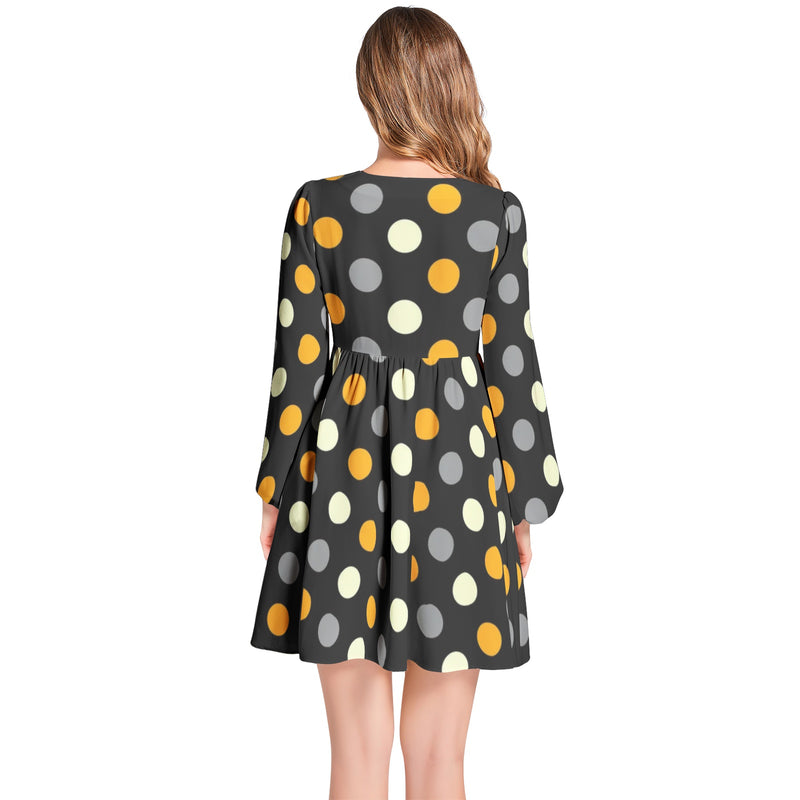 Polka Dots Lantern Sleeve Deep V-Neck Short Dress - Objet D'Art