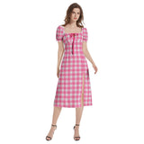 M Kemp Pink Plaid Puff Sleeve Split Thigh Midi Dress - Objet D'Art