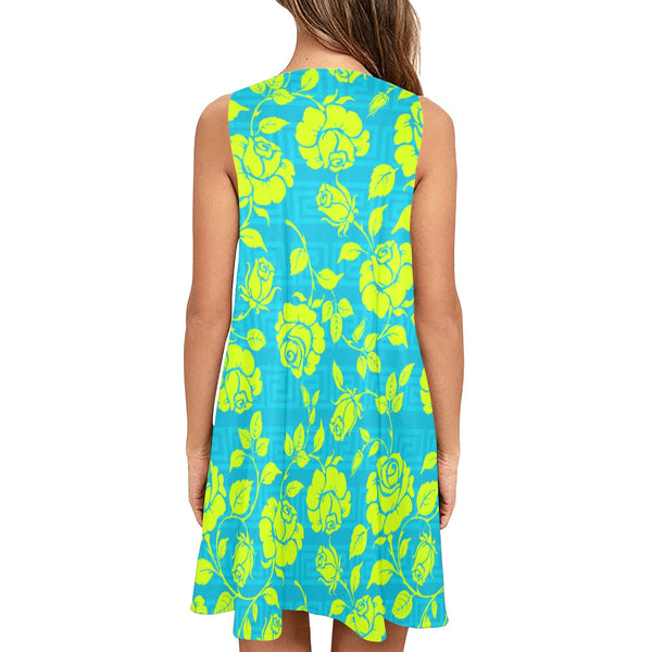 neon green blue greek key print 2 Sleeveless A-Line Pocket Dress (Model D57) - Objet D'Art