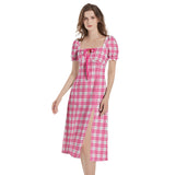 M Kemp Pink Plaid Puff Sleeve Split Thigh Midi Dress - Objet D'Art