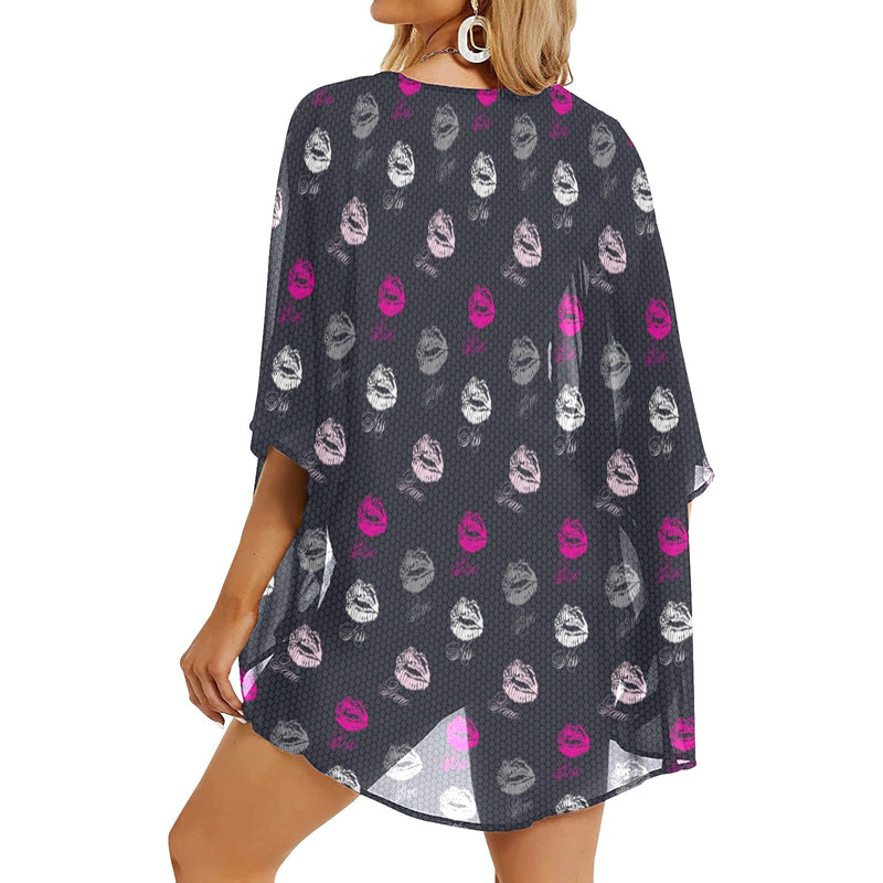 FUCHSIA LIPS POLYGLOT grey hex two tone print 2 Women's Kimono Chiffon Cover Up (Model H51) - Objet D'Art