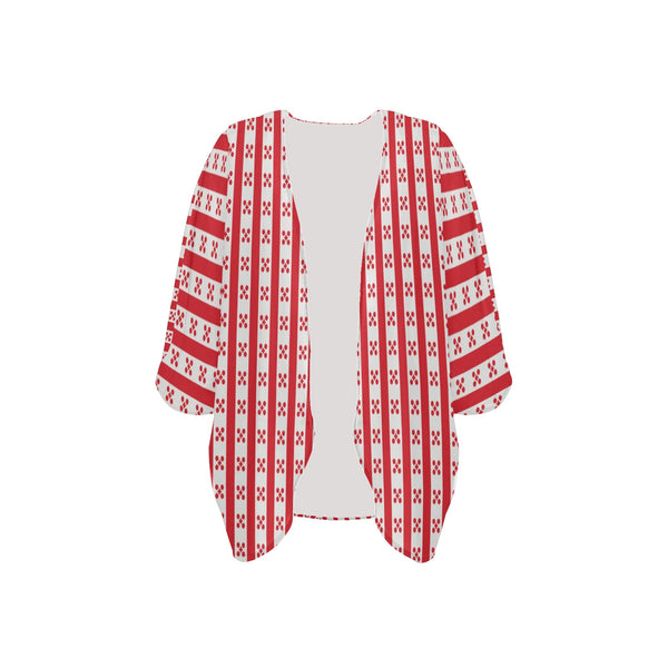 gingham red print Women's Kimono Chiffon Cover Up (Model H51) - Objet D'Art